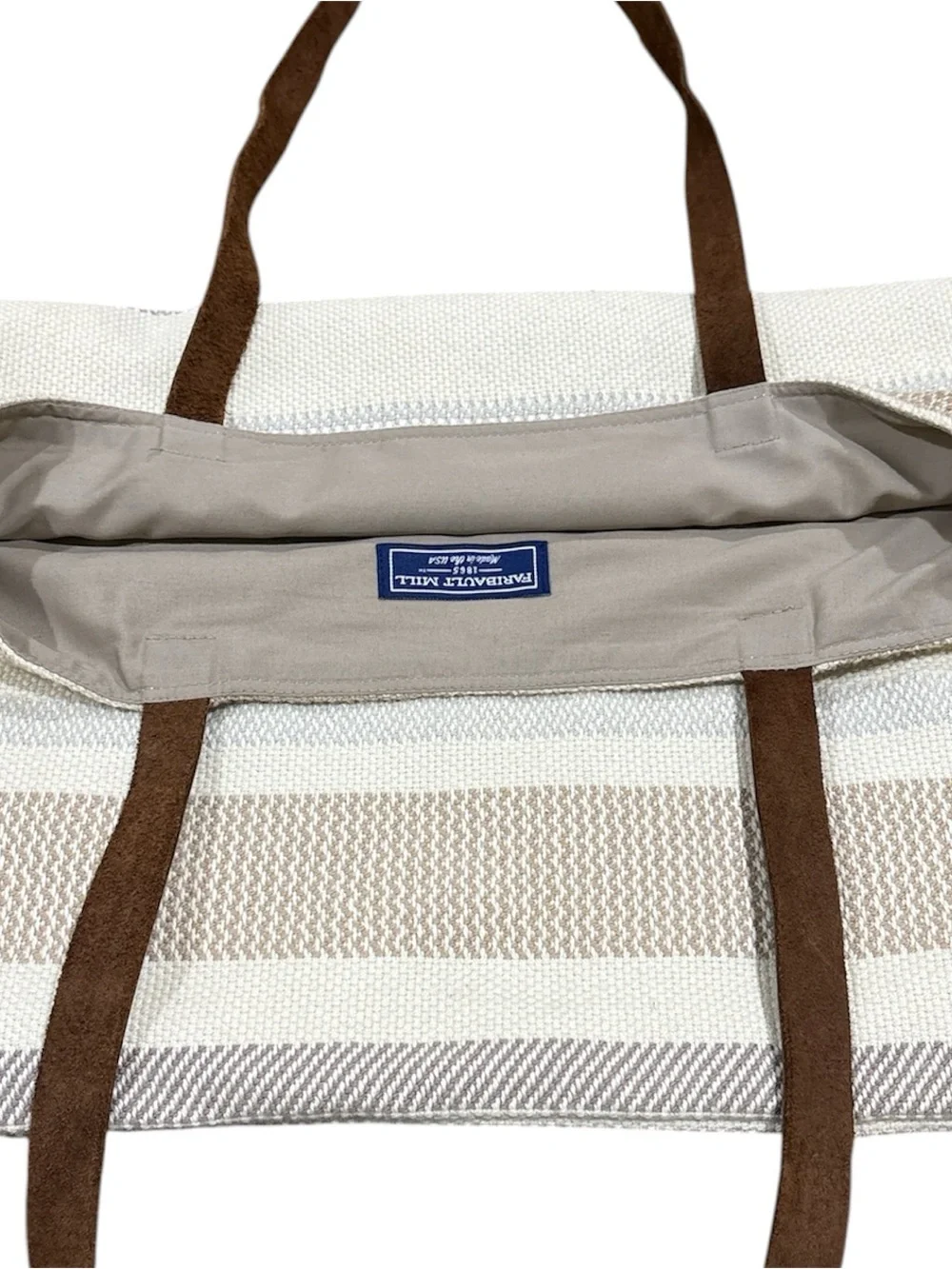 Vtg Faribault Woolen Mills Wool Tote Bag MADE IN USA Leather Straps Blue Cream - Picture 6 of 8